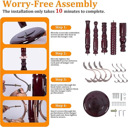 Wooden Coat Tree Freestanding with Metal Hooks, Coat Hanger Stand Clothing Tree with Adjustable Height 47’’-72.8’’, Modern Freestanding Coat Rack for Entrance, Office, Living Room, Bedroom, Corridor