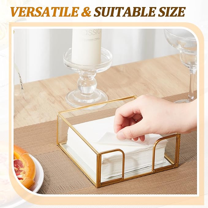 LemonRoad 4 Pcs Square Gold Napkin Holder for Table 5.7 x 5.7 Inch Decorative Cocktail Napkin Holder Glass Flat Paper Basket for Kitchen Dining Buffet Bar Counter Wedding Party Restaurant Bar Hotel