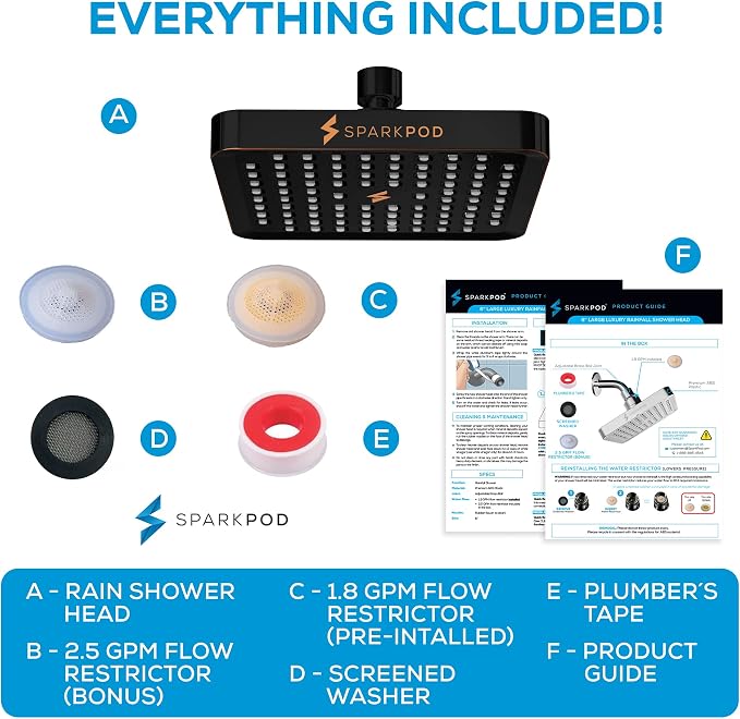 SparkPod Rain Shower Head, 6 Inch Square | High Pressure Shower Heads, 90 Nozzle (Touch-to-Clean), Adjustable Showerhead, No-tool Universal Connection