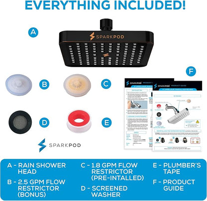 SparkPod Rain Shower Head, 6 Inch Square | High Pressure Shower Heads, 90 Nozzle (Touch-to-Clean), Adjustable Showerhead, No-tool Universal Connection