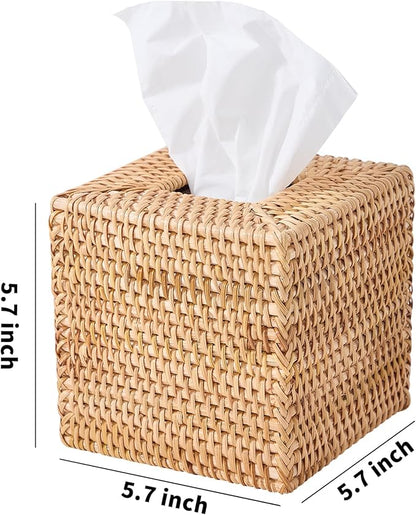 Hand-Woven Rattan Tissue Box Cover, Square Wicker Tissue Holder, Natural Woven Facial Napkin Holder