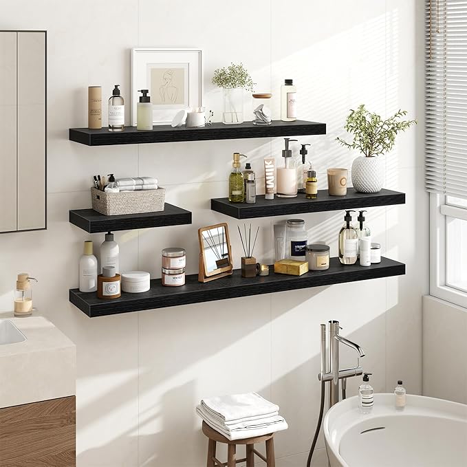 Acovy 48 Inch Floating Shelves, 48"x9.25"x1.5" Inch Deep Floating Shelves for Wall, Wooden Shelves for Bathroom, Bedroom, Living Room, Black, 1 Piece
