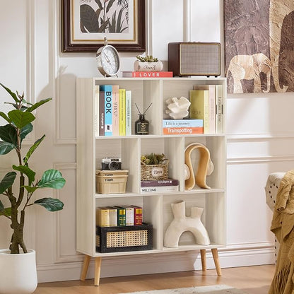 LEYAOYAO Cube Bookshelf 3 Tier Mid-Century Light Grey White Modern Bookcase with Legs,Retro Wood Bookshelves Storage Organizer Shelf,Freestanding Open Book Shelves for Bedroom,Living Room,Office