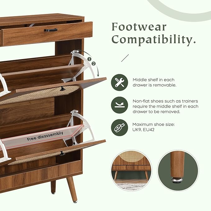 Yechen Shoe Rack Storage Organizer with 2 Natural Semi-Circular Rattan Doors, Entryway Wooden Shoe Cabinet for Sneakers, Leather Shoes, High Heels, Slippers (1 Piece, Walnut)