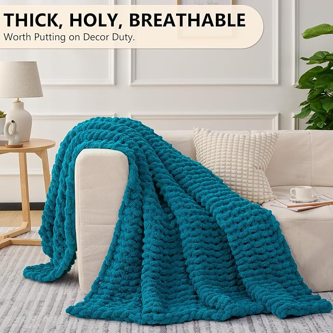 L'AGRATY Chunky Knit Blanket Throw: 60''x80'' Chenille Chunky Knitted Throw Blanket for Bed Couch - Handmade Thick Big Cable Knit Blanket - Large Crochet Rope Blankets for Home Decor(Teal)