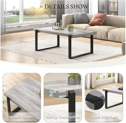 FOLUBAN Modern Coffee Table, Rustic Wood and Metal Center Table, Rectangle Cocktail Tea Table for Living Room, Light Grey, 47 Inch