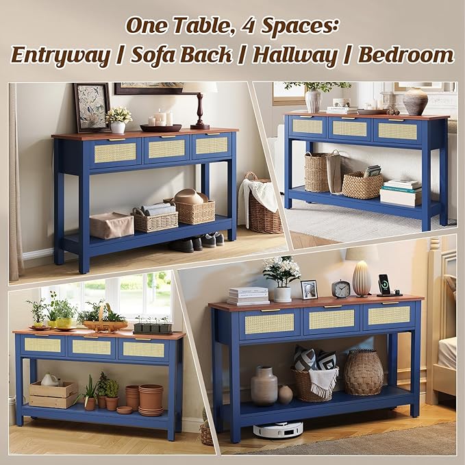 Luoxiao 47" Blue Entryway Table with 3 Rattan Drawers and Open Shelf Storage, Long Sofa Tables for Living Room, Console Entry Table for Hallway, Foyer, Couch, Front Door