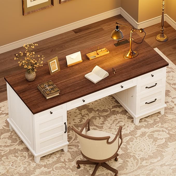 60" Executive Desk with Power Outlet, Home Office Desk with Drawers, Wooden Work Desk with File Cabinet, Computer Desk for Work, Study, Writing, White and Brown