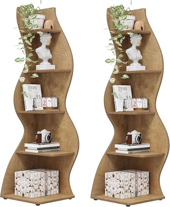 Tribesigns Corner Shelf, Modern 5-Tier Wall Corner Bookshelf, Stylish Corner Small Bookcase Storage Rack Plant Stand with Unique Shape for Living Room, Home Office (Light Brown, 2PCS)