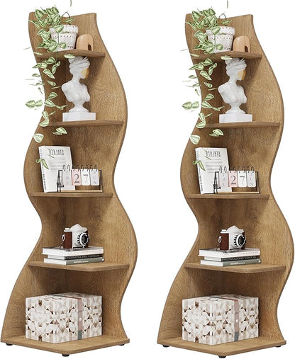 Tribesigns Corner Shelf, Modern 5-Tier Wall Corner Bookshelf, Stylish Corner Small Bookcase Storage Rack Plant Stand with Unique Shape for Living Room, Home Office (Light Brown, 2PCS)