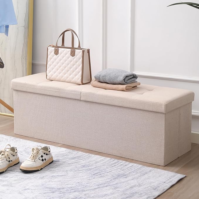 CUYOCA 45.3 Inches Storage Ottoman Bench Foldable Seat Footrest Shoe Bench End of Bed Storage with Flipping Lid, 166L Storage Space, Linen Fabric Brown