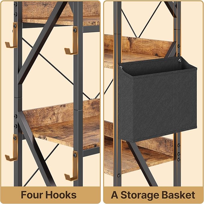 Gizoon 5 Tier Corner Bookshelf, 65" H Reversible Bookshelf, Industrial Bookcase with 4 Hooks and Storage Basket, Sturdy Metal Frame, Adjustable Feet, for Living Room, Kitchen, Office, Retro