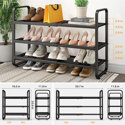 SNTD Shoe Rack - Expandable Shoe Organizer for Closet, Adjustable Metal Shoe Shelf Storage, Stackable Long Shoe Stand Holder for Garage, Entryway, Door Entrance (Black, 3-Tier)