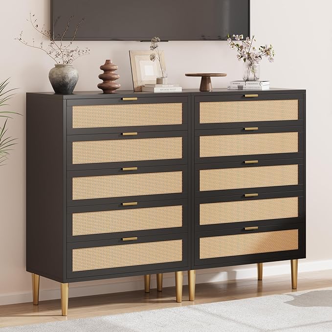 IDEALHOUSE Rattan 5 Drawer Dresser, 44'' Tall Narrow Chest of Drawer, Farmhouse Wooden Vertical Dresser with Metal Legs and Handles, Modern Cabinet for Bedroom, Living Room, Black