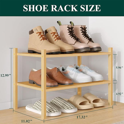 Smiry Small Bamboo Shoe Rack 2-Tier, Stackable Wooden Shoe Organizer for Entryway & Closet, Free Standing Wood Shoe Storage Shelf for Front Door & Small Spaces, Natural