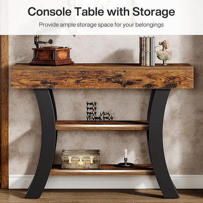 Tribesigns 41" Small Console Table for Entryway, 3-Tier Narrow Rustic Sofa Table with Storage Shelves and Curved Frame for Living Room, Entry, Hallway, Foyer, Rustic Brown