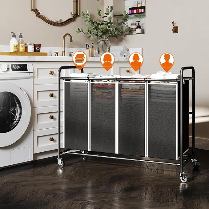 ROMOON Laundry Hamper Sorter Cart: 4-Section Organizer with Heavy-Duty Lockable Wheels and Removable Bags | 180L Rolling Laundry Basket for Dirty Clothes in Laundry Room or Small Spaces (Black)