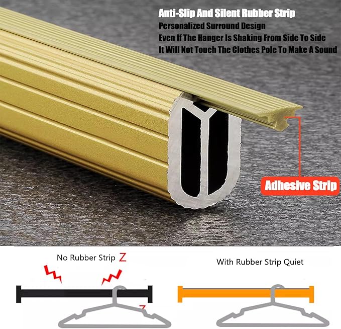 Oval Closet Rod for Laundry Room, Closet Rod for Hanging Clothes, Waterproof Shower Rod for Curtains, 17.7-63 Inch Closet Clothes Rail with Non-Slip Silent Strip (Champagne,37.4in)