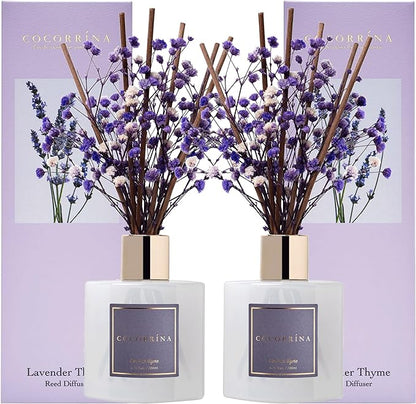 Cocorrína Premium Reed Diffuser Set with Preserved Baby's Breath & Cotton Stick Lavender Thyme 2 Packs, 6.7oz Scent Fragrance Oil Diffuser for Bedroom Bathroom Home Décor