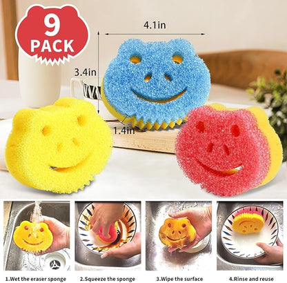 9 Pack Scrub Sponge, Dual-Sided Temperature Controlled Kitchen Sponge for Dishes,Cute Frog Scrub Sponges Household Cleaning Pads Bathroom Wall Cleaner Multi-Functional Cleaning Sponges