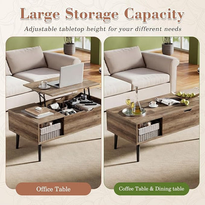 OLIXIS Wooden Coffee Table, Lift Top Coffee Stand with Large Hidden Compartment and Ample Storage Shelf, Lift Tabletop Dining Table for Living Room, Home Small Space, Grey