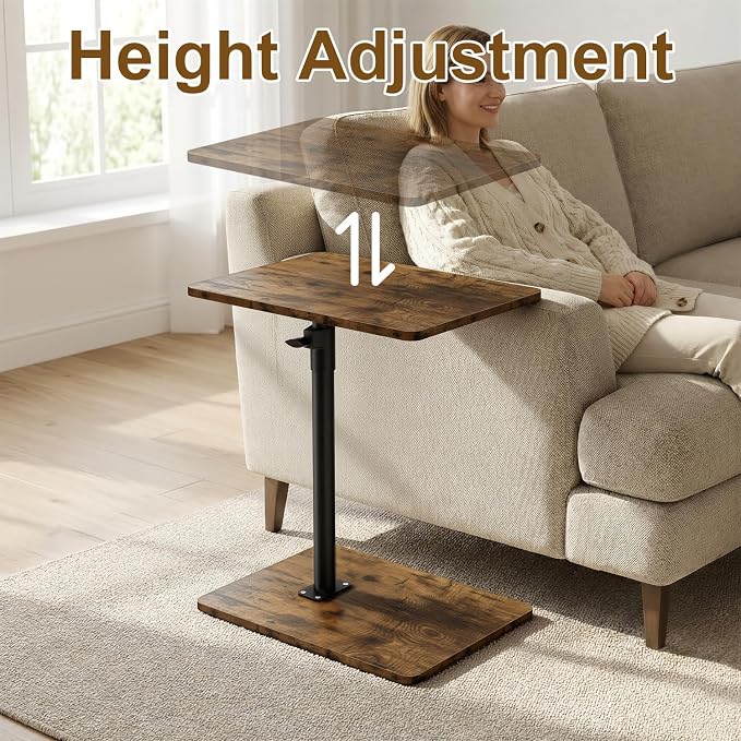 YUHFERA Sofa Armrest Tray Table for Couch - 360 Swivel Height Adjustable End Table for Small Spaces, Snack Side Table for Bed or Chair with Phone & Tablet Slot (Rustic, Enlarged)
