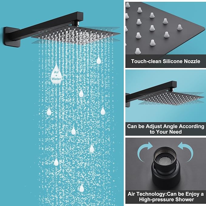 Matte Black Shower Head and Handle Set 8 Inch, Rain Shower Head with 2 Hooks, Luxury Rain Shower Set Square Wall Mount for Bathroom with Rain Shower and Handheld Shower System