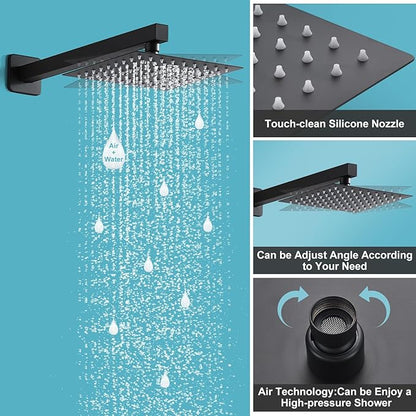 Matte Black Shower Head and Handle Set 8 Inch, Rain Shower Head with 2 Hooks, Luxury Rain Shower Set Square Wall Mount for Bathroom with Rain Shower and Handheld Shower System