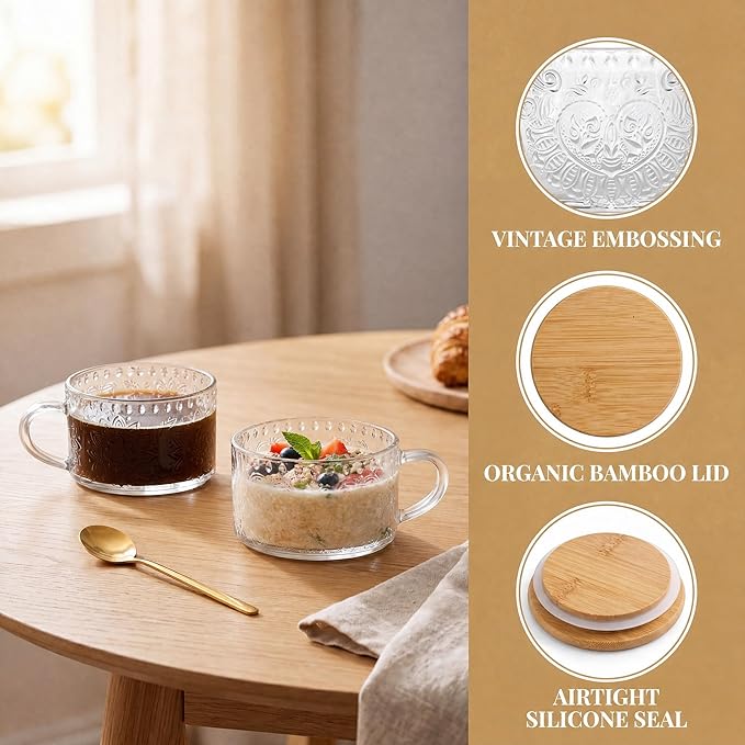 YORY 14oz Vintage Glass Mugs with Bamboo Lids & Spoons, 4-Pack gift set | Perfect for Overnight Oats, Yogurt, Coffee Tea , Kitchen, Housewarming ,women