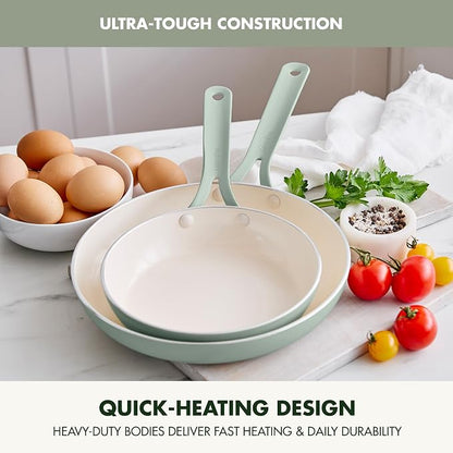 GreenPan Nova 2-Piece Nonstick Frying Pan Set, 8” & 10” Skillets, PFAS-Free Ceramic Cookware, Durable Fast Heating, Induction Ready, Omelet & Eggs, Oven Safe to 600F, Dishwasher Safe, Pistachio Green