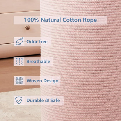 Large Pink Laundry Basket 15x20 Inches, 60L Woven Rope Hamper for Baby Girls and Kids, Tall Nursery Storage Bin, Kawaii Bedroom Laundry Hamper