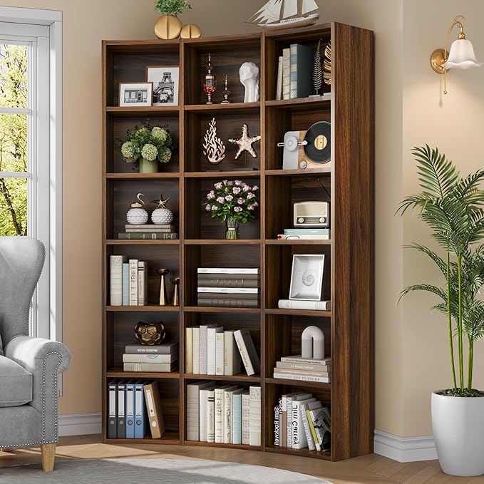 Semoic 71" Curved Bookshelf,Triple Width 6 Tier Bookcase with Storage Cabinet,Modern Tall Bookshelf with 18 Open Display Shelves, Floor Standing Book Shelf for Living Room,Brown
