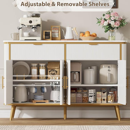 47.2" Buffet Storage Cabinet, Modern Fluted Coffee Bar Station with 2 Drawers & Adjustable Shelves, Kitchen Sideboard Buffet for Dining Room, Living Room, Hallway, White