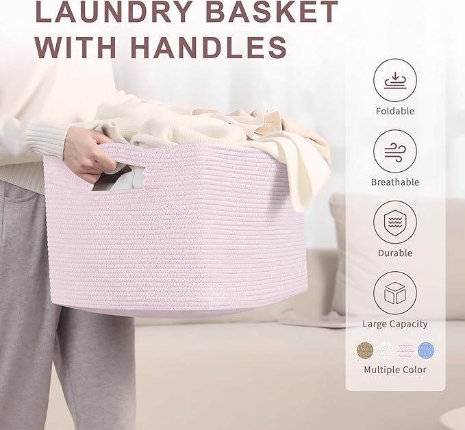 SunNewt 60L Small Baby Girls Laundry Basket for Nursery Storage,Cute Woven cotton Rope Baskets for Kids Toy，Gifts, Boho Square Wicker Blanket hamper for Living Room,Bedroom Dirty Clothes,Pink
