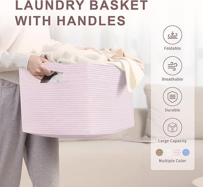 SunNewt 60L Small Baby Girls Laundry Basket for Nursery Storage,Cute Woven cotton Rope Baskets for Kids Toy，Gifts, Boho Square Wicker Blanket hamper for Living Room,Bedroom Dirty Clothes,Pink