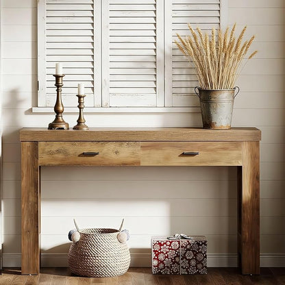 Tribesigns 63" Console Table, Farmhouse Entryway Table with 2 Drawers and H-Shaped Sturdy Legs for Hallway, Living Room, MDF, Light Brown