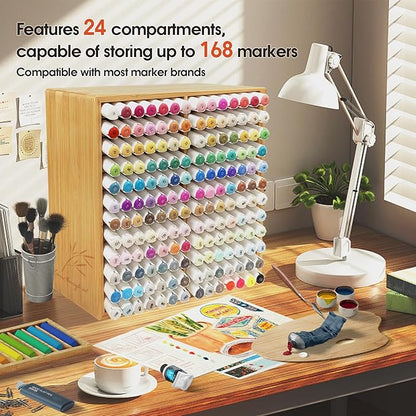 Marker Organizer for 168 Markers,Bamboo Wooden Desk Storage Organizer Rack,Markers Pens Pencils Art Brushes Storage Holder for Home Classroom Office Decor