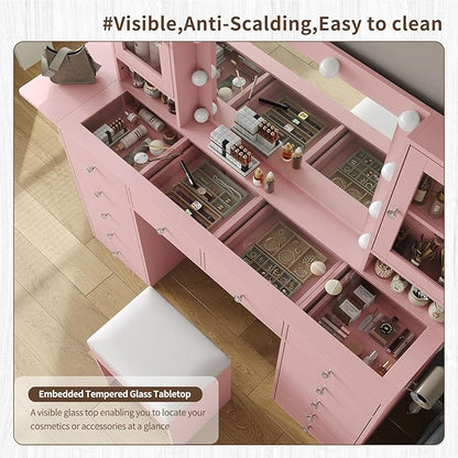 Vanity with Mirror and 10 LED Lights,Vanity Desk with Power Outlet, Makeup Vanity with 12 Drawers and 2 Cabinets, Fold-up Panel, Glass Top Vanity Table with Chair for Bedroom, Pink