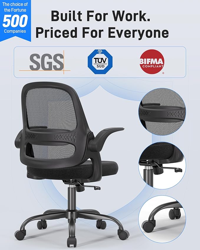 Ergonomic Mesh Office Chair for Home Office, Flip-Up Arms, Breathable Mesh Back & Thick Seat Cushion, Swivel Rolling Computer Desk Chair, BIFMA Certified, Supports 300 lbs (Black Frame/Black Seat)