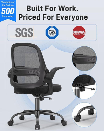 Ergonomic Mesh Office Chair for Home Office, Flip-Up Arms, Breathable Mesh Back & Thick Seat Cushion, Swivel Rolling Computer Desk Chair, BIFMA Certified, Supports 300 lbs (Black Frame/Black Seat)