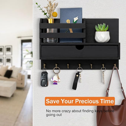 dreampossible Key and Mail Holder for Wall, Mail Organizer Wall Mount with 6 Hooks and Storage Drawer, Wooden Key Rack Hanger with Shelf for Entryway and Home Decor