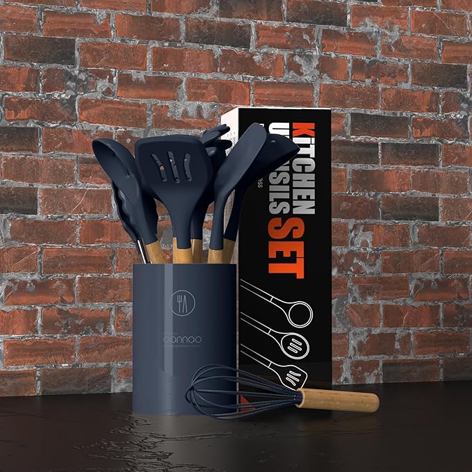 oannao Silicone Cooking Utensils Set - 446°F Heat Resistant Silicone Kitchen Utensils for Cooking,Kitchen Utensil Spatula Set w Wooden Handles, BPA FREE Gadgets for Non-Stick Cookware (Navy Blue)