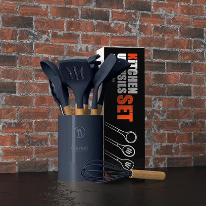 oannao Silicone Cooking Utensils Set - 446°F Heat Resistant Silicone Kitchen Utensils for Cooking,Kitchen Utensil Spatula Set w Wooden Handles, BPA FREE Gadgets for Non-Stick Cookware (Navy Blue)