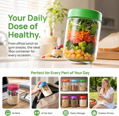 EONJOE 16oz Glass Jars for Overnight Oats Snacks Salad Yogurt Pudding Cereal Candy Storage Containers Meal Prep Mason jar with Airtight lids,6 Pack