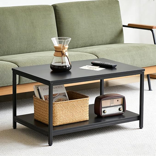 SUPER DEAL 2-Tier Industrial Coffee Table with Storage Shelf for Small Apartment Living Room, Rectangle Wood and Stable Metal TV Stand Side End Table, Black