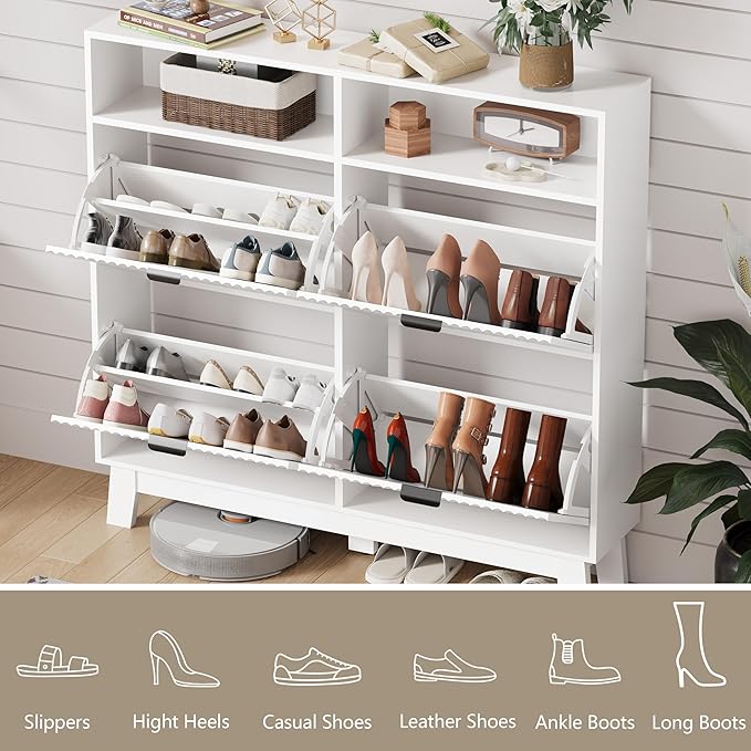 Shoe Cabinet Storage for Entryway with 4 Flip Drawers, Fluted Narrow Shoe Organizer with Wooden Legs & Top Cubby, Freestanding Slim Shoe Storage Hidden Shoe Rack for Front Door Entrance, White