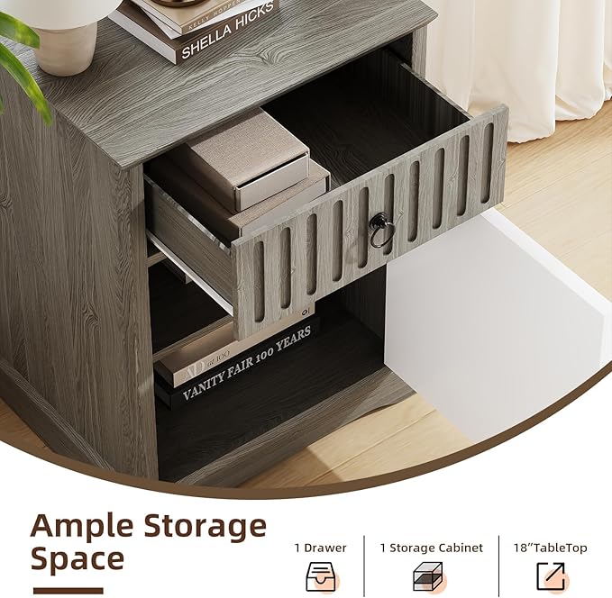 4ever2buy Farmhouse Nightstand Set of 2, 24" Tall Nightstand with Drawers, Grey Night Stand with Storage, Wood End Table Bedside Table for Bedroom Living Room, White and Grey