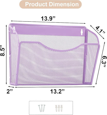 EASEPRES 3 Single Pocket Mesh Hanging File Organizer, Vertical Wall Mounted Magazine File Holder, Mount Basket Mail Paper Document Folder Organizing for Office, Home and School, Light Purple