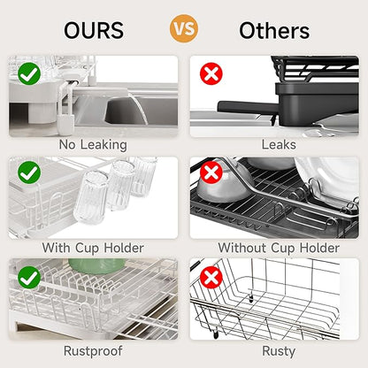 Runnatal Dish Drying Rack, Extendable Dish Rack Over Sink, Large Stainless Steel Dish Strainer with Drainboard, Utensil Holder & Cup Holder for Kitchen Counter, White