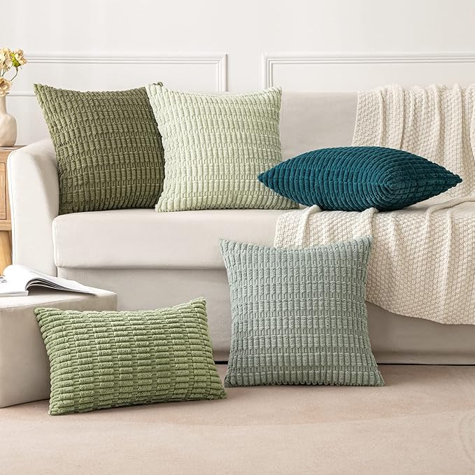 MIULEE Pack of 2 Spring Corduroy Decorative Throw Pillow Covers 16x16 Inch Soft Boho Striped Pillow Covers Modern Farmhouse Home Decor for Summer Sofa Living Room Couch Bed Sage Green